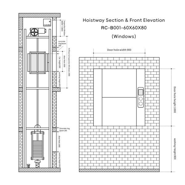 RC-B001 100kg 0.75kW Dumbwaiter Lift | 60x60x80cm Rear Counterweight