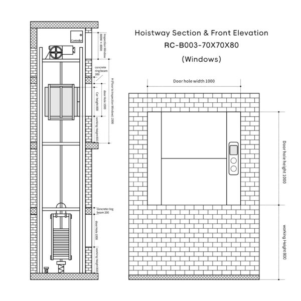 rc-b003-dumbwaiter-70x70x80cm-4 RC-B003 100kg 0.75kW Dumbwaiter Lift | 70x70x80cm Rear Counterweight