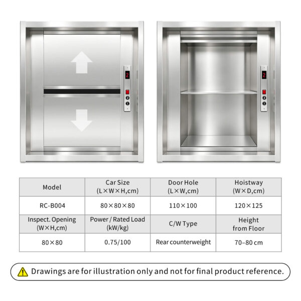 RC-B004 100kg 0.75kW Dumbwaiter Lift | 80x80x80cm Rear Counterweight
