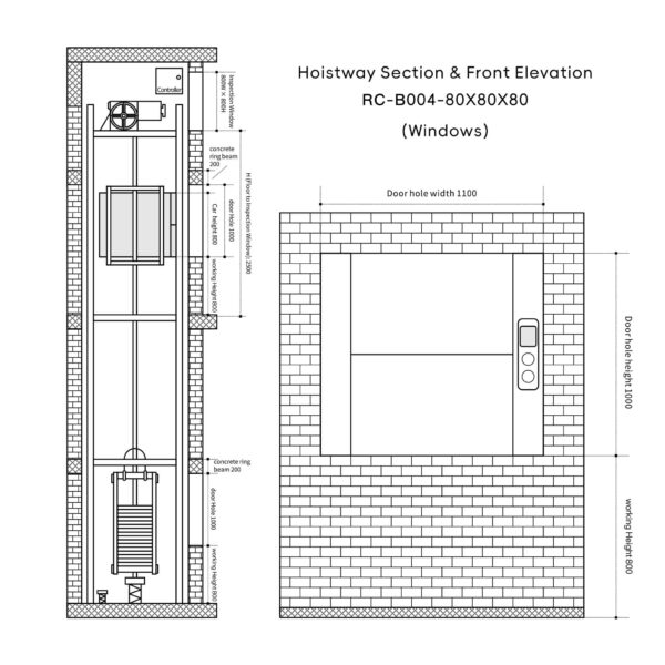 RC-B004 100kg 0.75kW Dumbwaiter Lift | 80x80x80cm Rear Counterweight