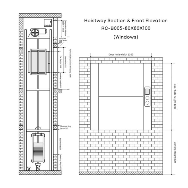 RC-B005 200kg 1.1kW Dumbwaiter Lift | 80x80x100cm Rear Counterweight
