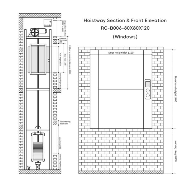 RC-B006 200kg 1.1kW Dumbwaiter Lift | 80x80x120cm Rear Counterweight