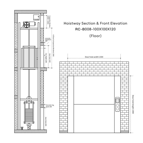 rc-b008-dumbwaiter-100x100x120cm-4 RC-B008 250kg 1.5kW Dumbwaiter Lift | 100x100x120cm Rear Counterweight