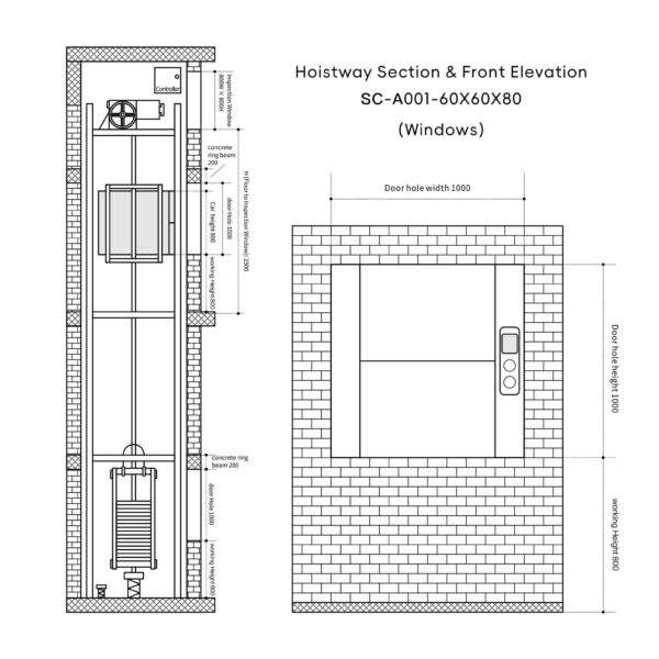 SC-A001 100kg 0.75kW Dumbwaiter Lift | 60x60x80cm Side Counterweight