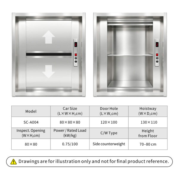 sc-a004-dumbwaiter-80x80x80cm-2 SC-A004 100kg 0.75kW Dumbwaiter Lift | 80x80x80cm Side Counterweight