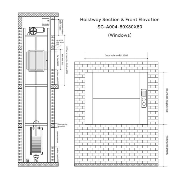 sc-a004-dumbwaiter-80x80x80cm-4 SC-A004 100kg 0.75kW Dumbwaiter Lift | 80x80x80cm Side Counterweight