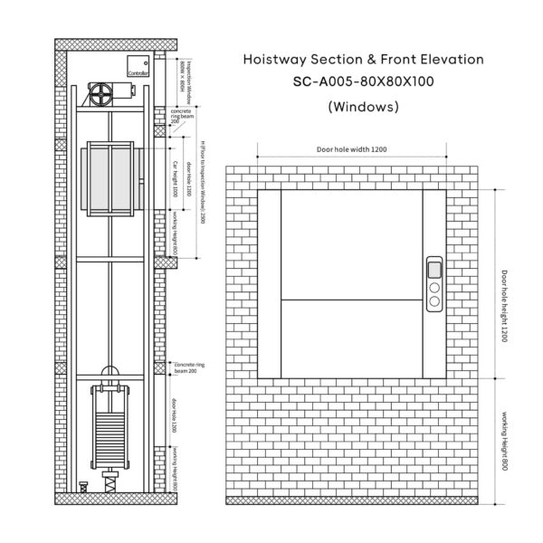 SC-A005 200kg 1.1kW Dumbwaiter Lift | 80x80x100cm Side Counterweight
