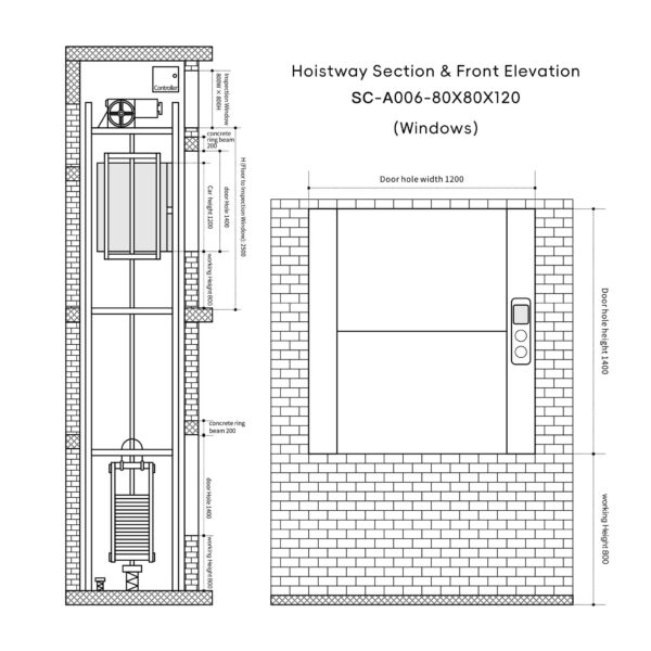 SC-A006 200kg 1.1kW Dumbwaiter Lift | 80x80x120cm Side Counterweight